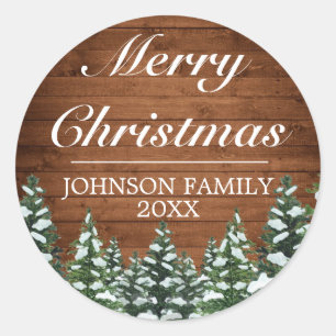Snowy Wood & Forest Rural Pine Frohe Weihnachten Runder Aufkleber