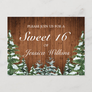 Snowy Wood & Forest Rural Pine Sweet 16 Ankündigungspostkarte