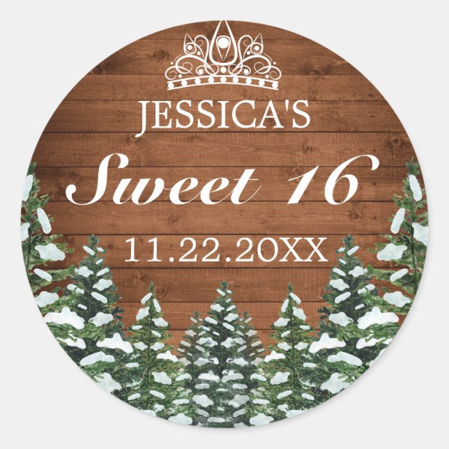 Snowy Wood & Forest Rural Pine Tiara Sweet 16 Runder Aufkleber (Vorderseite)