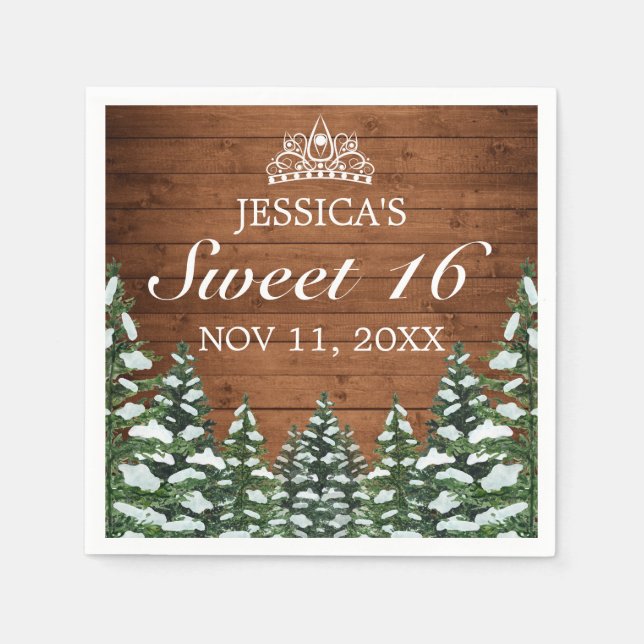 Snowy Wood & Forest Rural Pine Tiara Sweet 16 Serviette (Vorderseite)