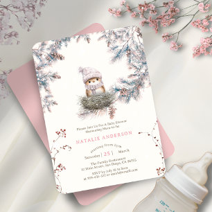 Snowy Woodland Dusty Pink Bird's Nest Baby Shower Einladung