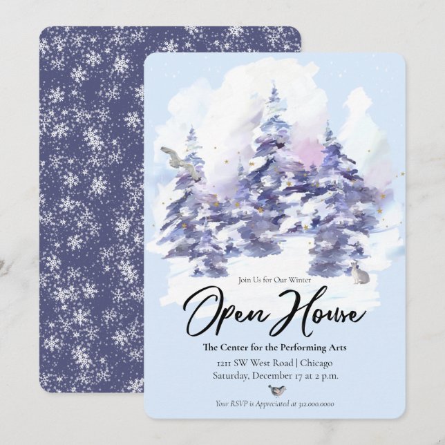 Snowy Woodland Forest Winter Open House Einladung (Vorne/Hinten)