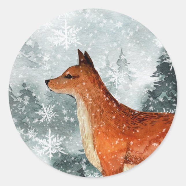 Snowy Woodland Mountain Forest Red Fox Runder Aufkleber (Vorderseite)
