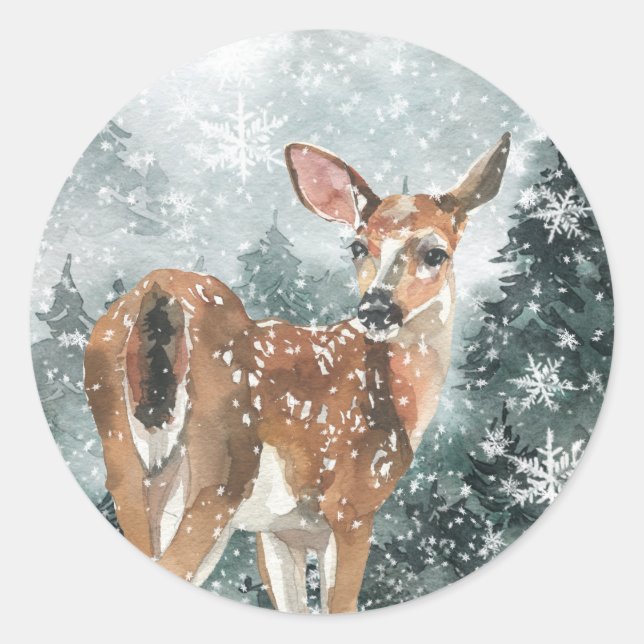Snowy Woodland Mountain Forest Rentier Runder Aufkleber (Vorderseite)