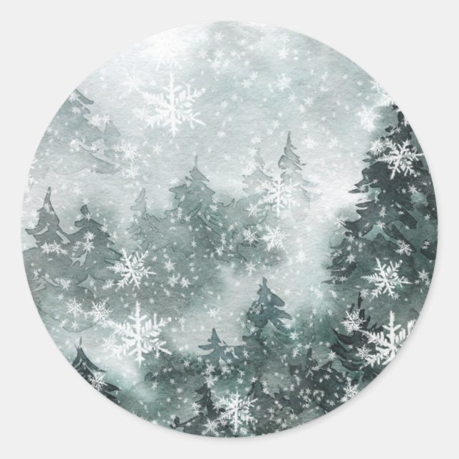 Snowy Woodland Mountain Forest Runder Aufkleber (Vorderseite)