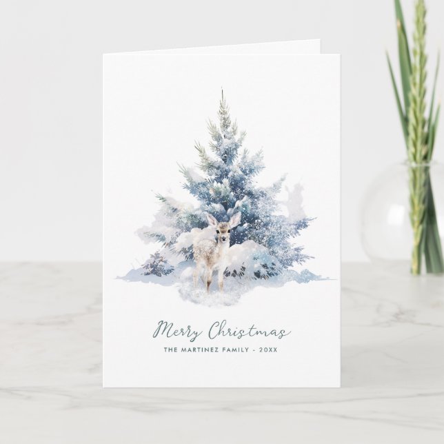 Snowy Woodland Pine Deer Frohe Weihnachtswohnung Karte (Vorderseite)
