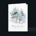 Snowy Woodland Pine Rabbit Frohe Weihnachten gekla Karte<br><div class="desc">Eine süße Kaninchenfamilie erfroren in schneebedeckten Winterkiefern. Frohe Weihnachten ist in einem einfachen Skript unten geschrieben,  mit einer zusätzlichen Zeile nach,  um das Design weiter anpassen. Der gesamte Text auf dieser Karte kann bearbeitet werden. Es gibt eine Weihnachtsbotschaft,  die Sie auf der Rückseite personalisieren können.</div>