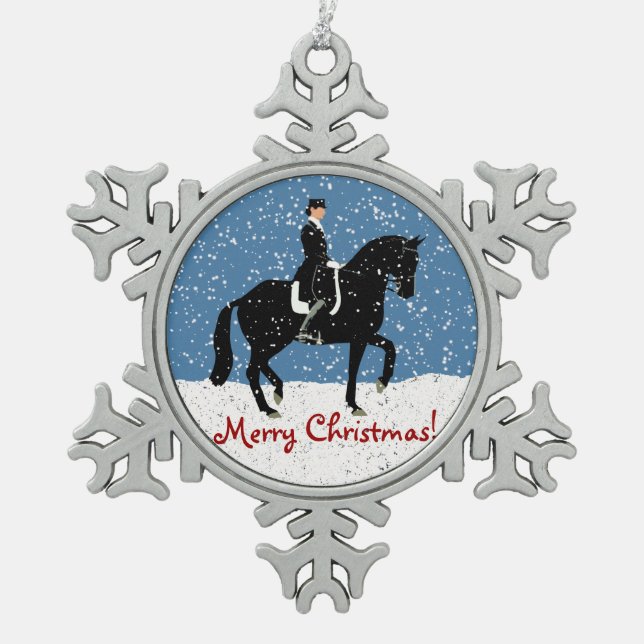 Snowydressage-Pferdeweihnachten Schneeflocken Zinn-Ornament (Vorderseite)