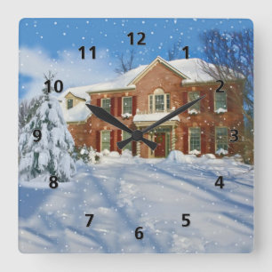 Snowylandschaft und -Zuhause Quadratische Wanduhr