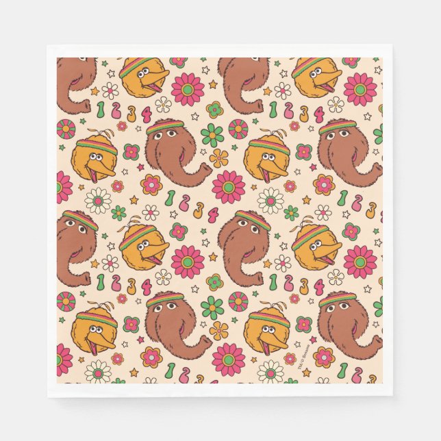 Snuffleupagus und Big Bird Groovy Blume Muster Serviette (Vorderseite)