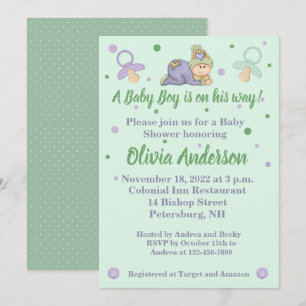 Snuggle Baby Boy - Green & Lila Baby Dusche Einladung