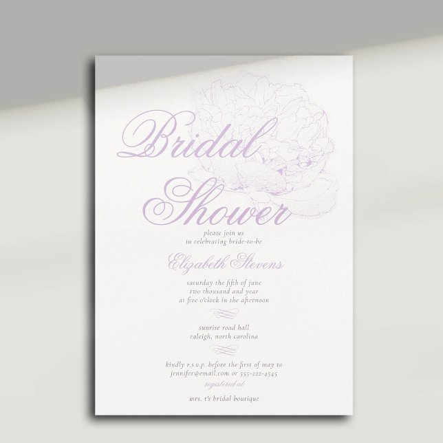 So Lilac Peony Calligraphy Elegantes Brautparty Einladung (peony bridal shower invitation formal traditional calligraphy modern classic dreamy lilac)