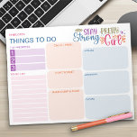 So listen Sie einen positiven bunten Tagesplaner a Notizblock<br><div class="desc">Farbenfroh, bearbeitbar und Personalisiert! Dieses zu tun Liste und täglicher Planer hat ein positives Zitat "bleibe starken hübschen Mädchen" und eine hübsche Farbpalette von lila rosa orange blau und grün. Alle Sektionstitel sind editierbar, damit Sie Ihre Sachen so organisieren können, wie es für Sie funktioniert. Für weitere Designs, schauen Sie...</div>