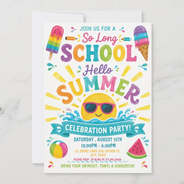 So Long Schule Hallo Sommer Bunte Poolparty  Einladung (Vorderseite)