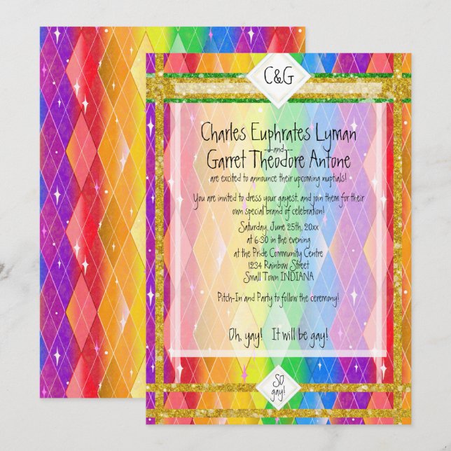 So schwul! Rainbow-Raute, Glitzer Monogram Wedding Einladung (Vorne/Hinten)