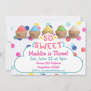 So süße, bunte Cupcakes & Polka Dot Geburtstag Einladung