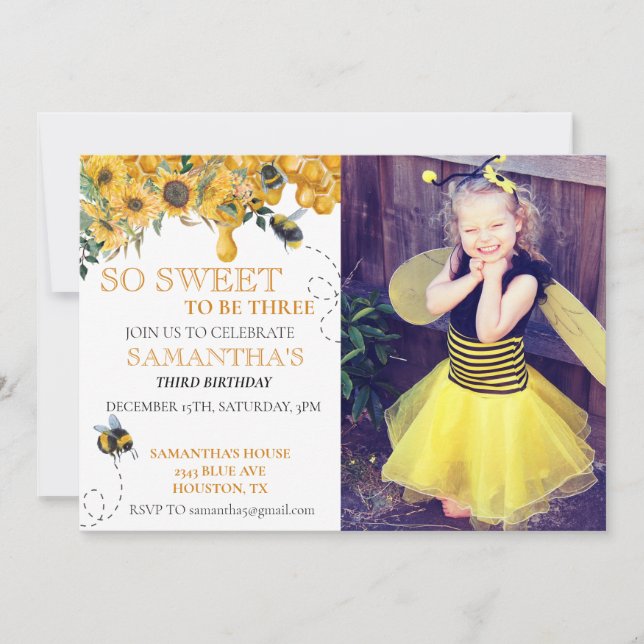So Sweet Bee Honey Birthday Foto Party Einladung (Vorderseite)