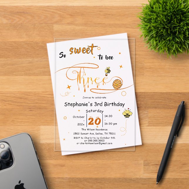 So Sweet To Bee Three Cute Honey Bee 3rd Birthday Acryleinladungen (Insitu (Einladungskarte))