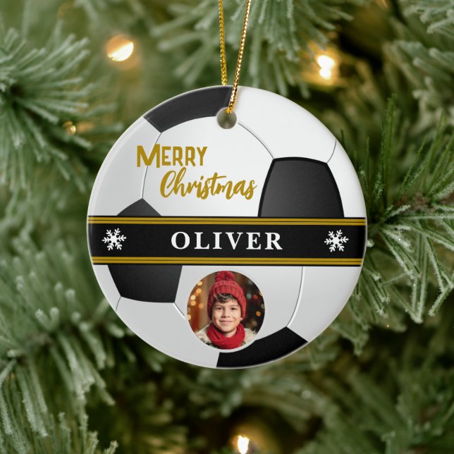 Soccer Ball Individuelle Name Frohe Weihnachts-Fot Keramik Ornament (Baum)