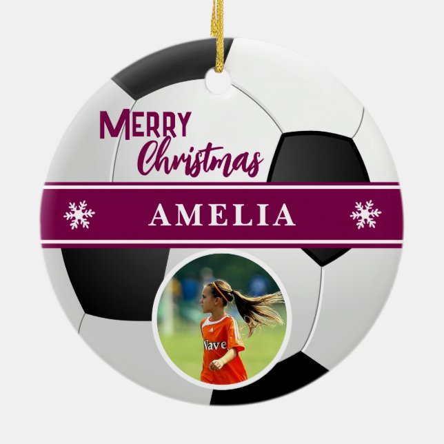Soccer Ball Individuelle Name Frohe Weihnachts-Fot Keramik Ornament (Hinten)
