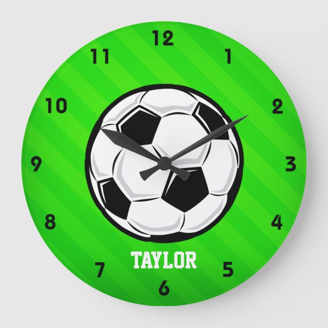 Soccer Ball; Neon Green Stripes Große Wanduhr (Vorderseite)