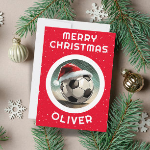 Soccer Ball Rote Weihnachtsmannmütze Weihnachtskid Feiertagskarte