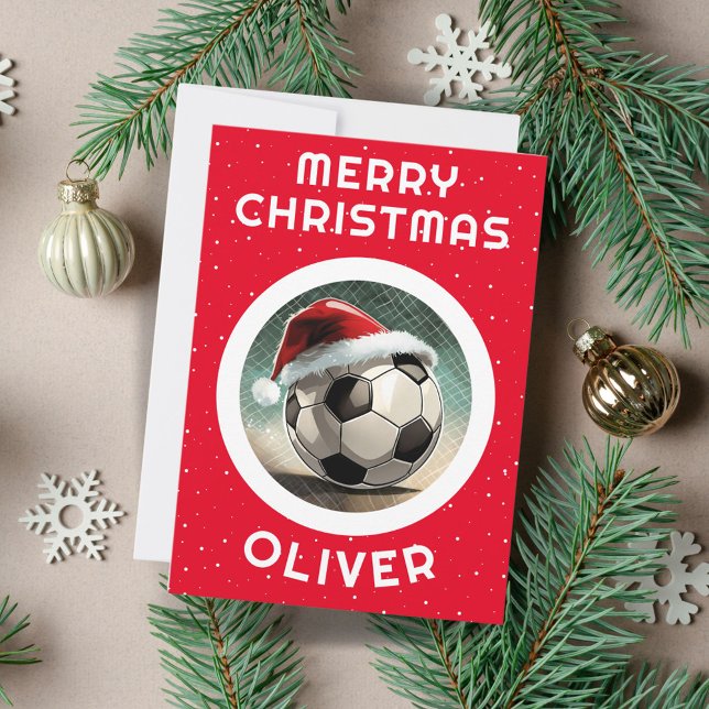Soccer Ball Rote Weihnachtsmannmütze Weihnachtskid Feiertagskarte (Von Creator hochgeladen)