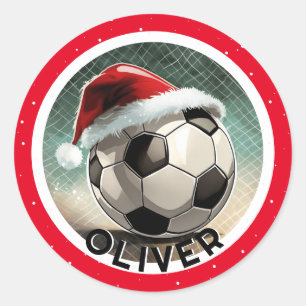 Soccer Ball Rote Weihnachtsmannmütze Weihnachtskid Runder Aufkleber