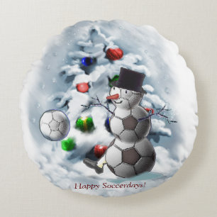 Soccer Ball Snowman Weihnachten Rundes Kissen