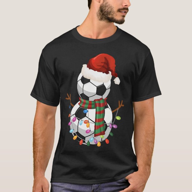 Soccer Ball Snowman Weihnachtsmannmütze Weihnachts T-Shirt (Vorderseite)