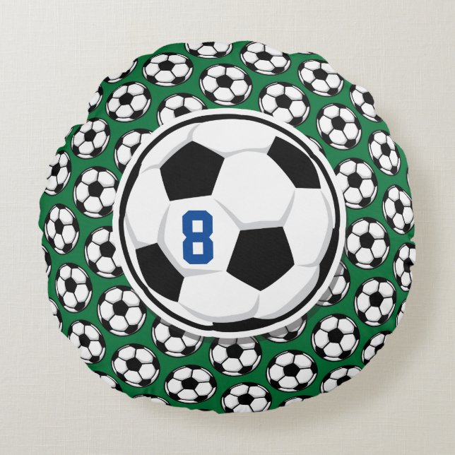 Soccer Ball White Black Green Custom Team Number Rundes Kissen (Vorderseite)