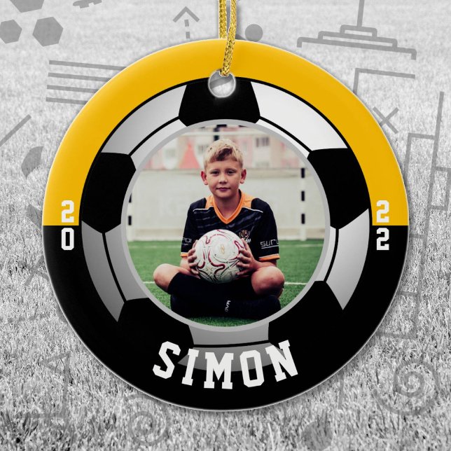 Soccer Black Gold Team Colors Keramik Ornament (Black and Gold Soccer Let's Go Team Ornament. Celebrate your high school or college athlete.)
