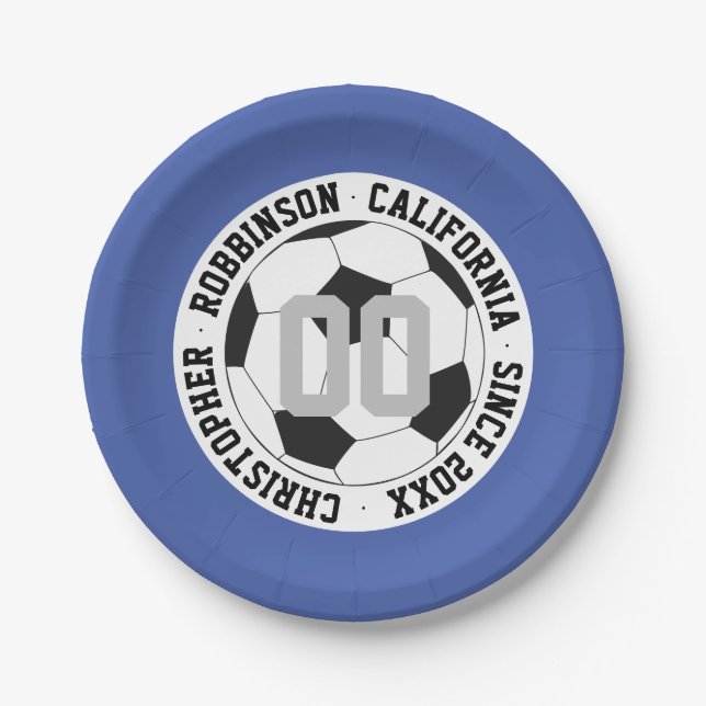 Soccer Blue Modern Add Player Name Number Pappteller (Vorderseite)
