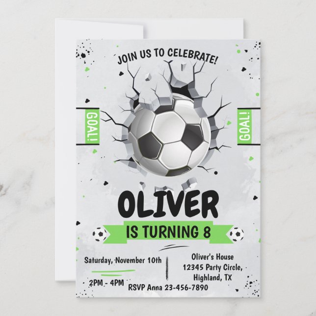 Soccer boy Green Anniversaire Invitation (Devant)