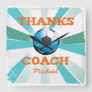 Soccer Coach Thanks, Orange on Teal, Blue Starburs Quadratische Wanduhr