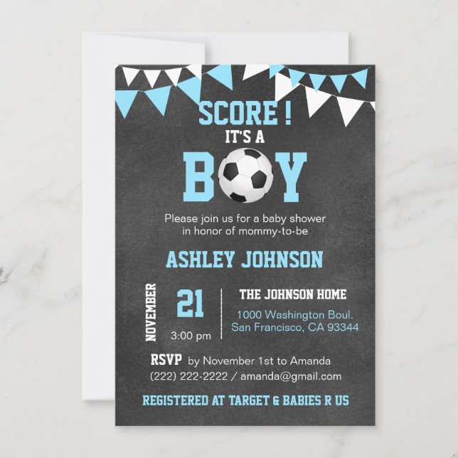 SOCCER Es ist ein Boy Baby Dusche Chalkboard Blue  Einladung (Vorderseite)
