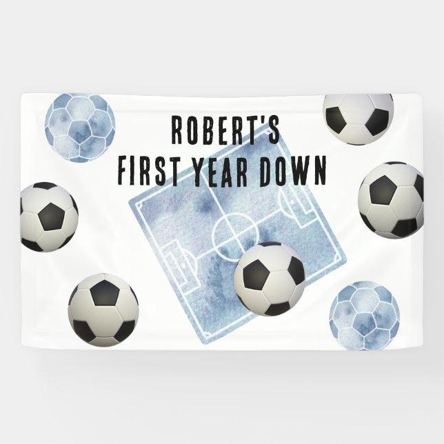Soccer First Year Down Birthday Party Banner (Horizontal)