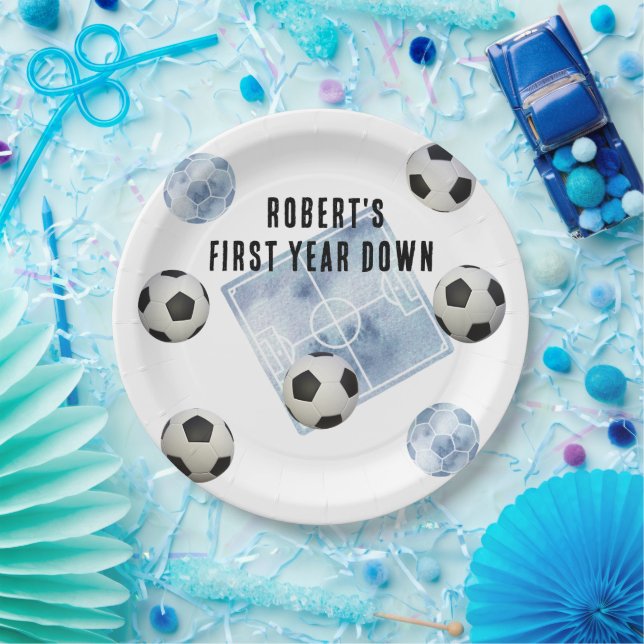 Soccer First Year Down Birthday Party Pappteller (Party)