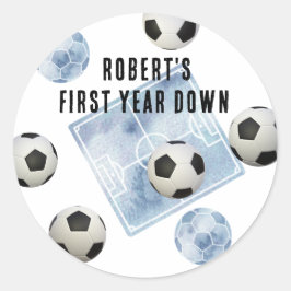 Soccer First Year Down Birthday Party Runder Aufkleber