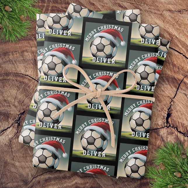 Soccer Football Ball Santa Hat Name Christmas  Geschenkpapier Set (Von Creator hochgeladen)