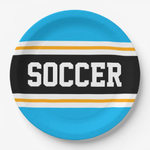 SOCCER Fun Sky Blue Black Yellow Racing Stripes Pappteller