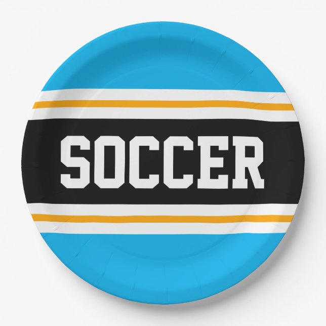 SOCCER Fun Sky Blue Black Yellow Racing Stripes Pappteller (Vorderseite)