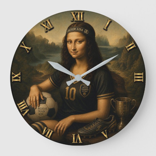 Soccer Funny Mona Lisa Große Wanduhr (Vorderseite)