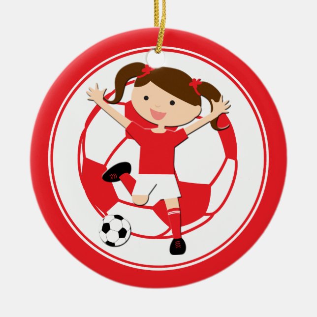 Soccer Girl 1 und Ball Red and White Keramik Ornament (Vorne)
