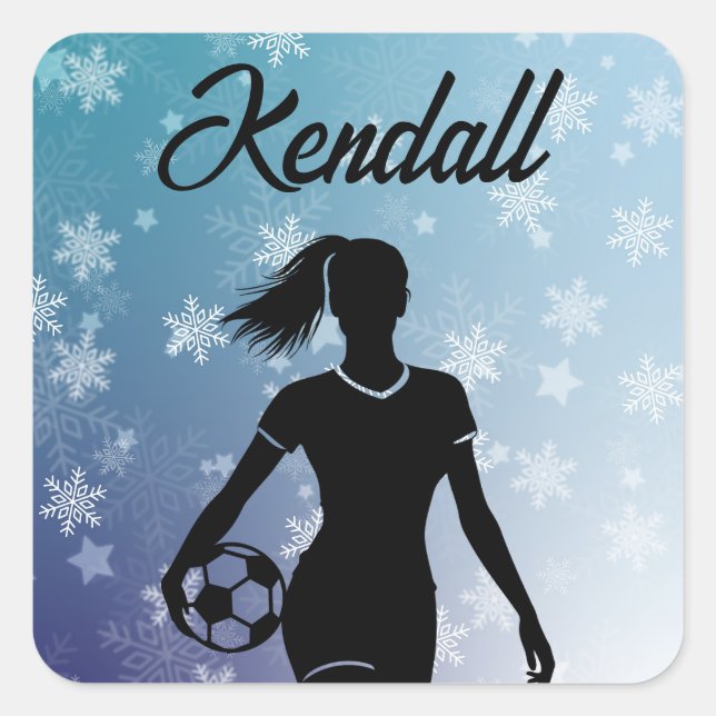 Soccer Girl Personalisiert Winter Ombre Snowflake Quadratischer Aufkleber (Vorderseite)