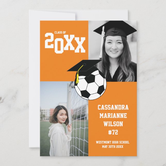 Soccer Graduation Sports Orange Faire-part (Devant)