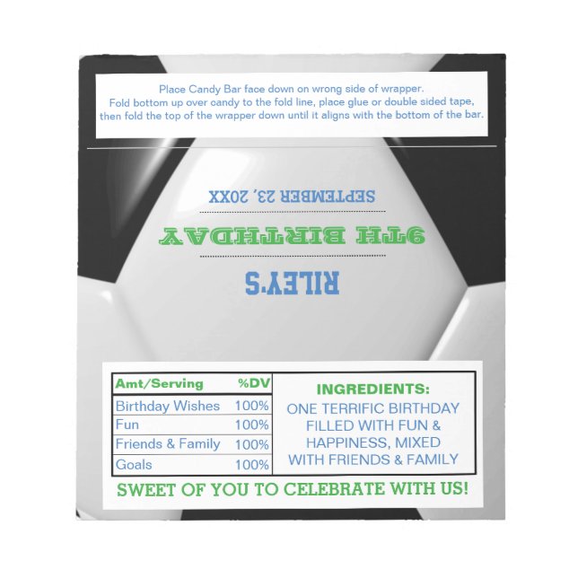 Soccer Green Blue Party Favor Candy Wrappers Notizblock (Vorderseite)