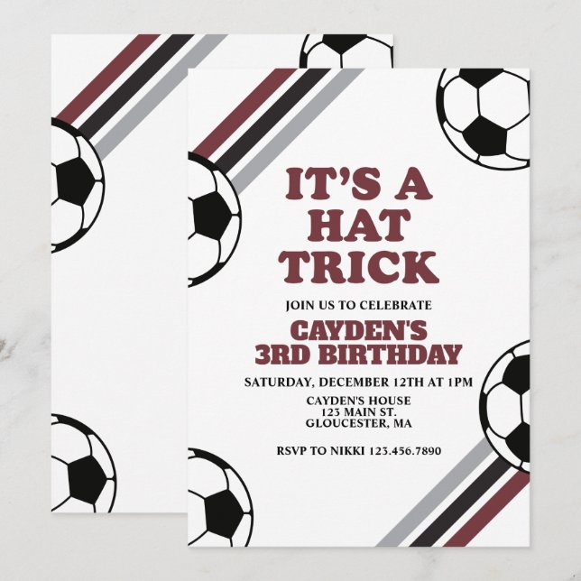 Soccer Hat Trick 3. Geburtstag Einladung (Vorne/Hinten)