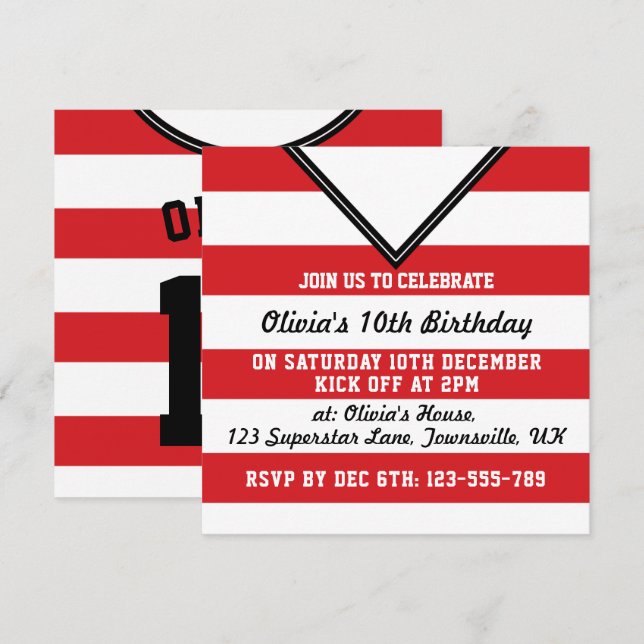 Soccer Jersey Themed Party Invites Template, Red Einladung (Vorne/Hinten)