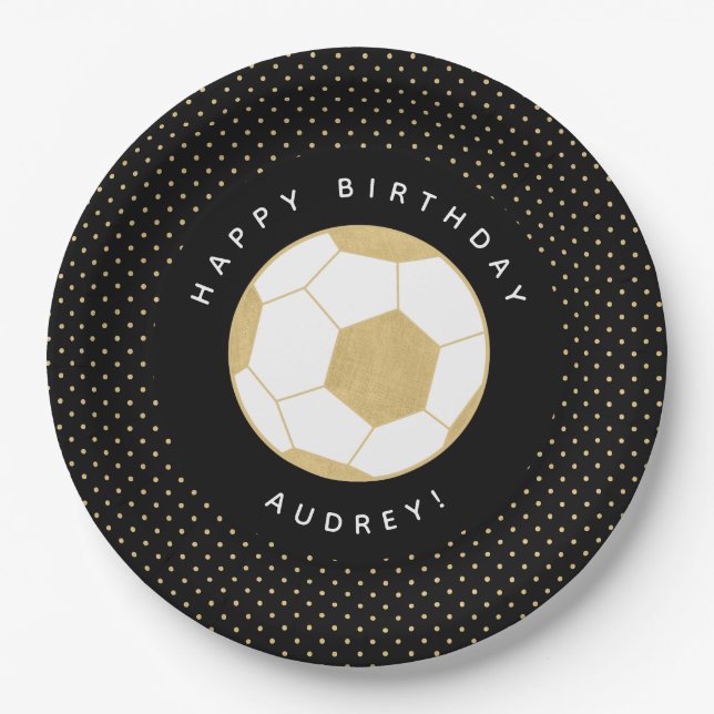 Soccer Party Personalisiert Name Black Gold Pappteller (Vorderseite)